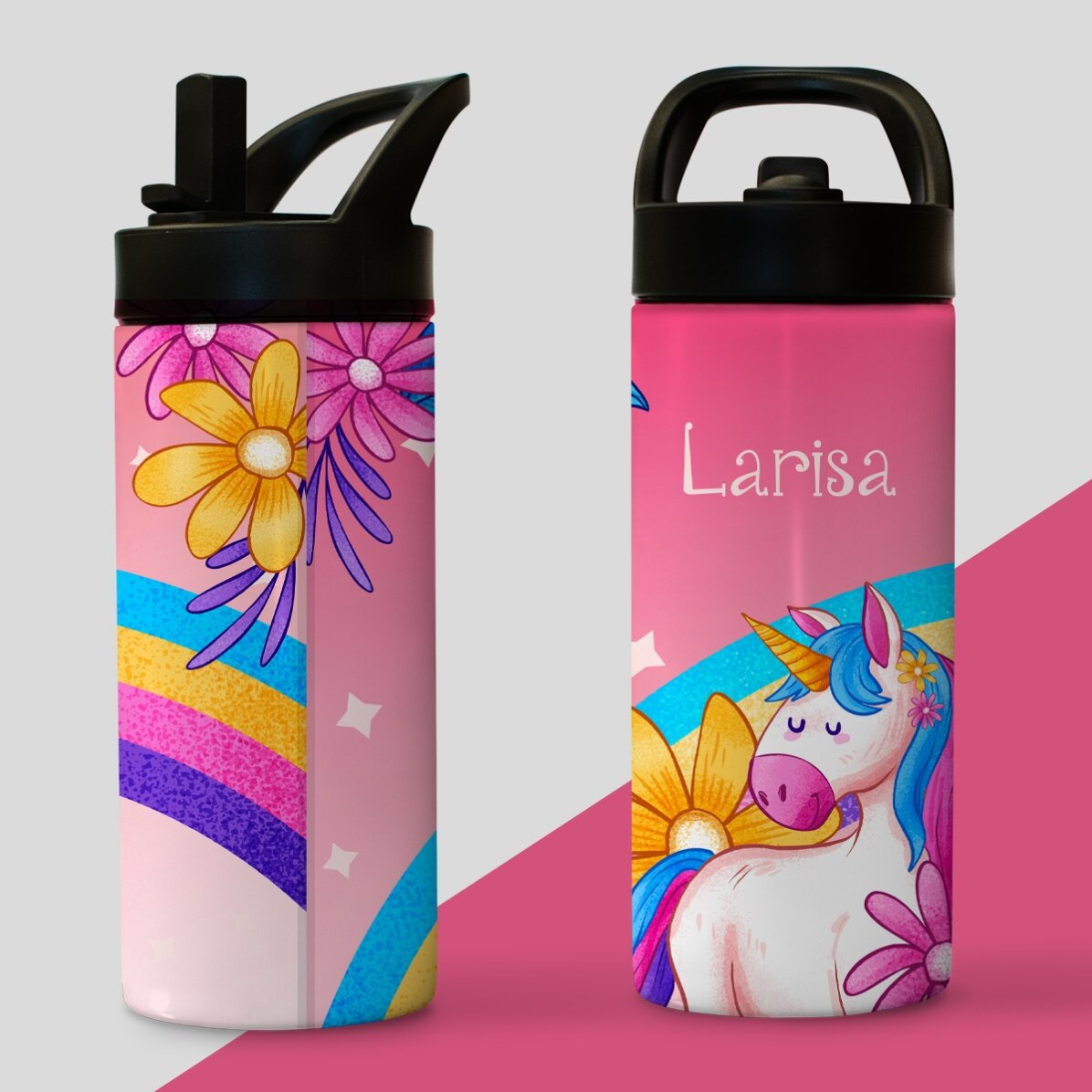 Tazza termica con manico e cannuccia personalizzata con nome per bambini - Unicorno