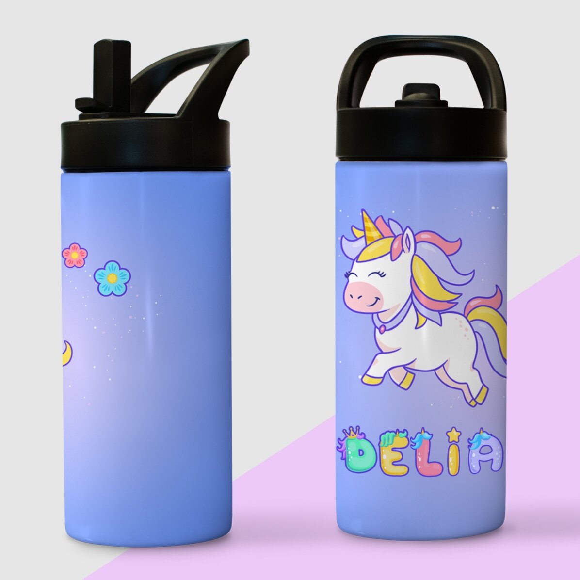 Tazza termica con manico e cannuccia personalizzata con nome - Unicorno