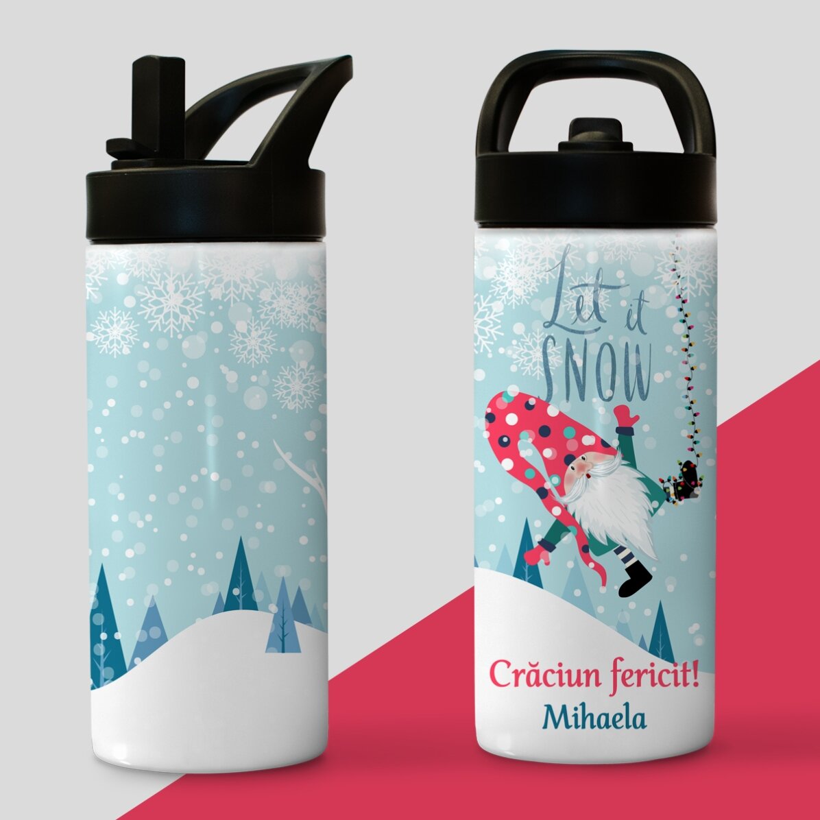 Thermos con manico e cannuccia personalizzato con scritta - Let it snow