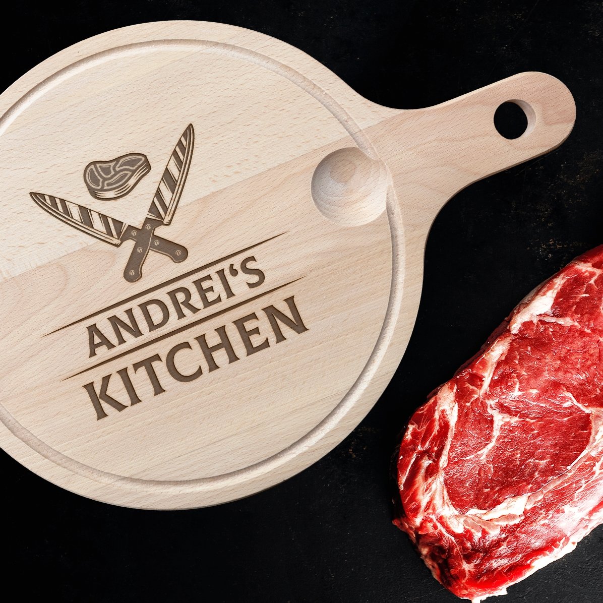 Tagliere rotondo con manico personalizzato - Coltelli