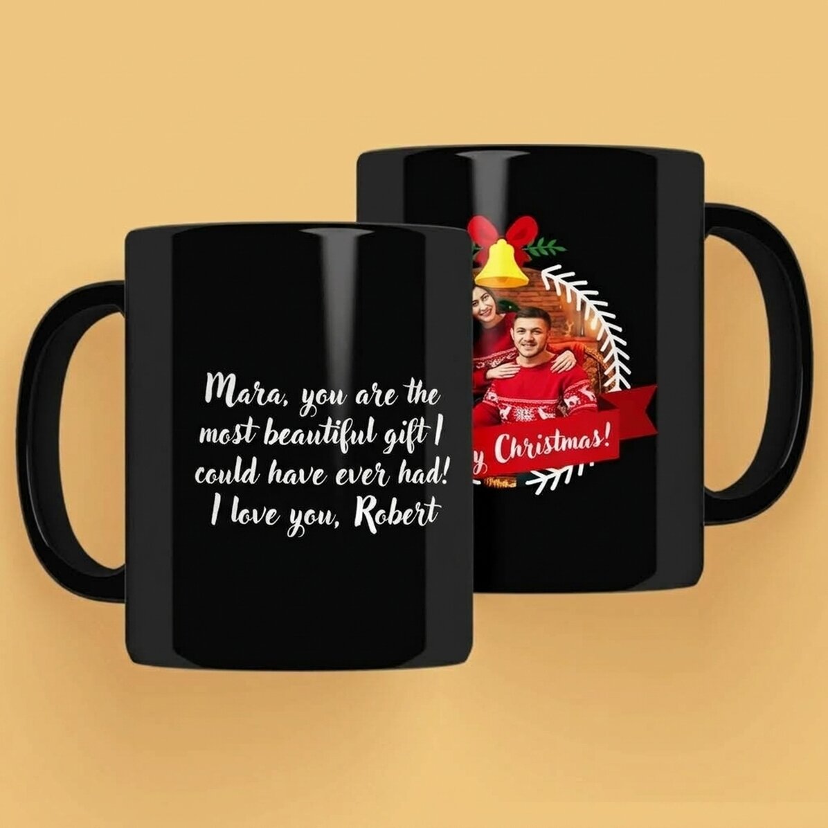 Tazza nera personalizzata con foto e testo - Merry Christmas