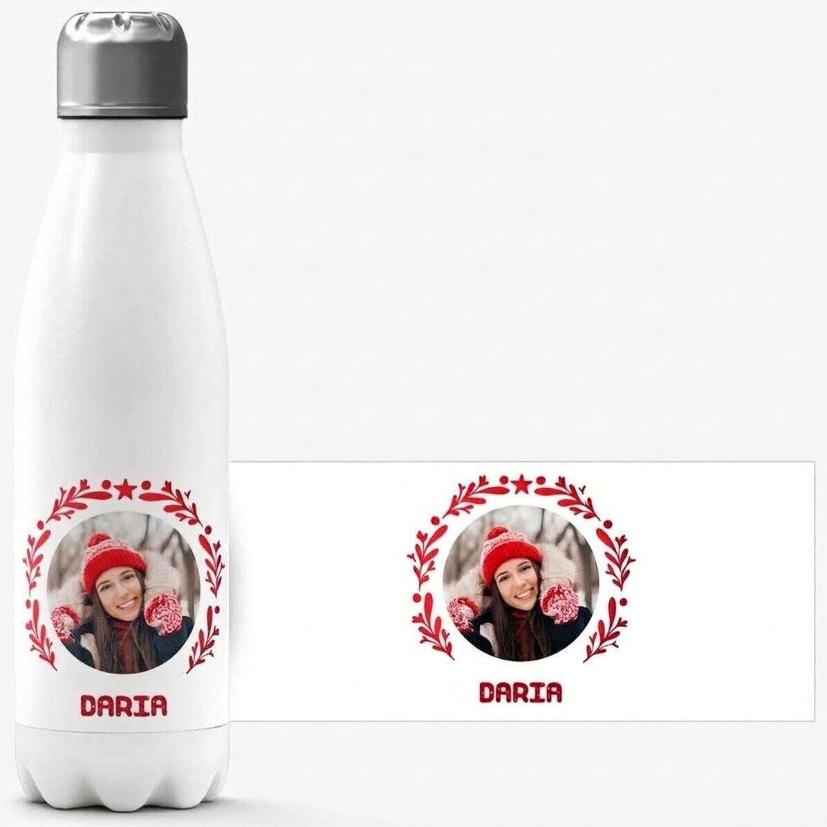 Thermos con base bianca personalizzato con foto e testo - modello natalizio