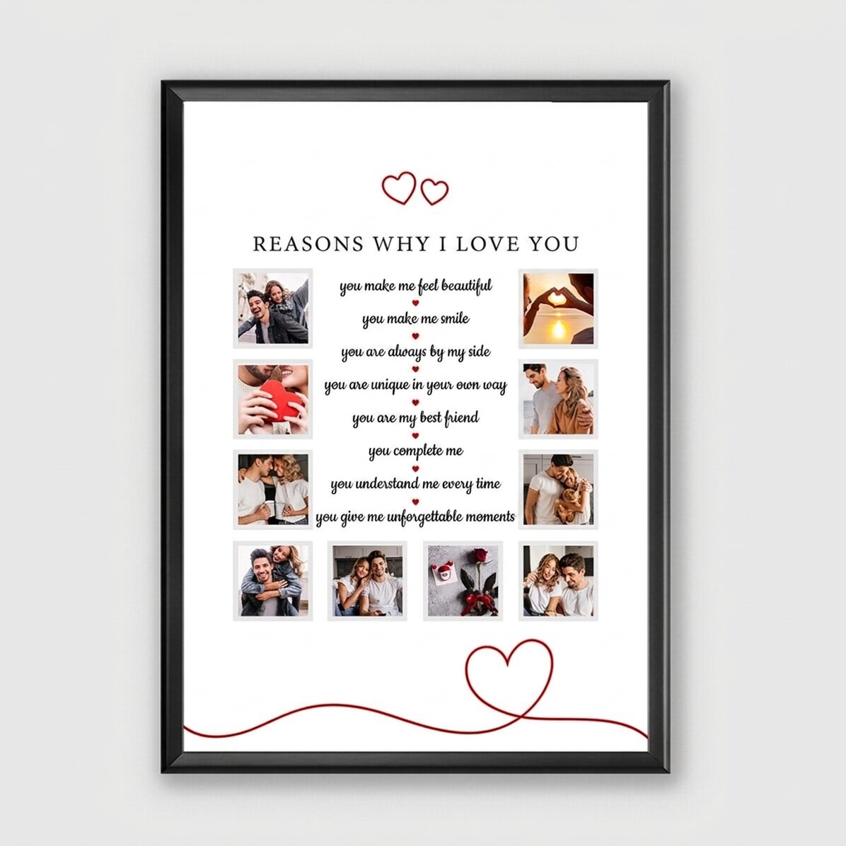 Quadro con 10 foto e testo - Motivi per cui ti amo