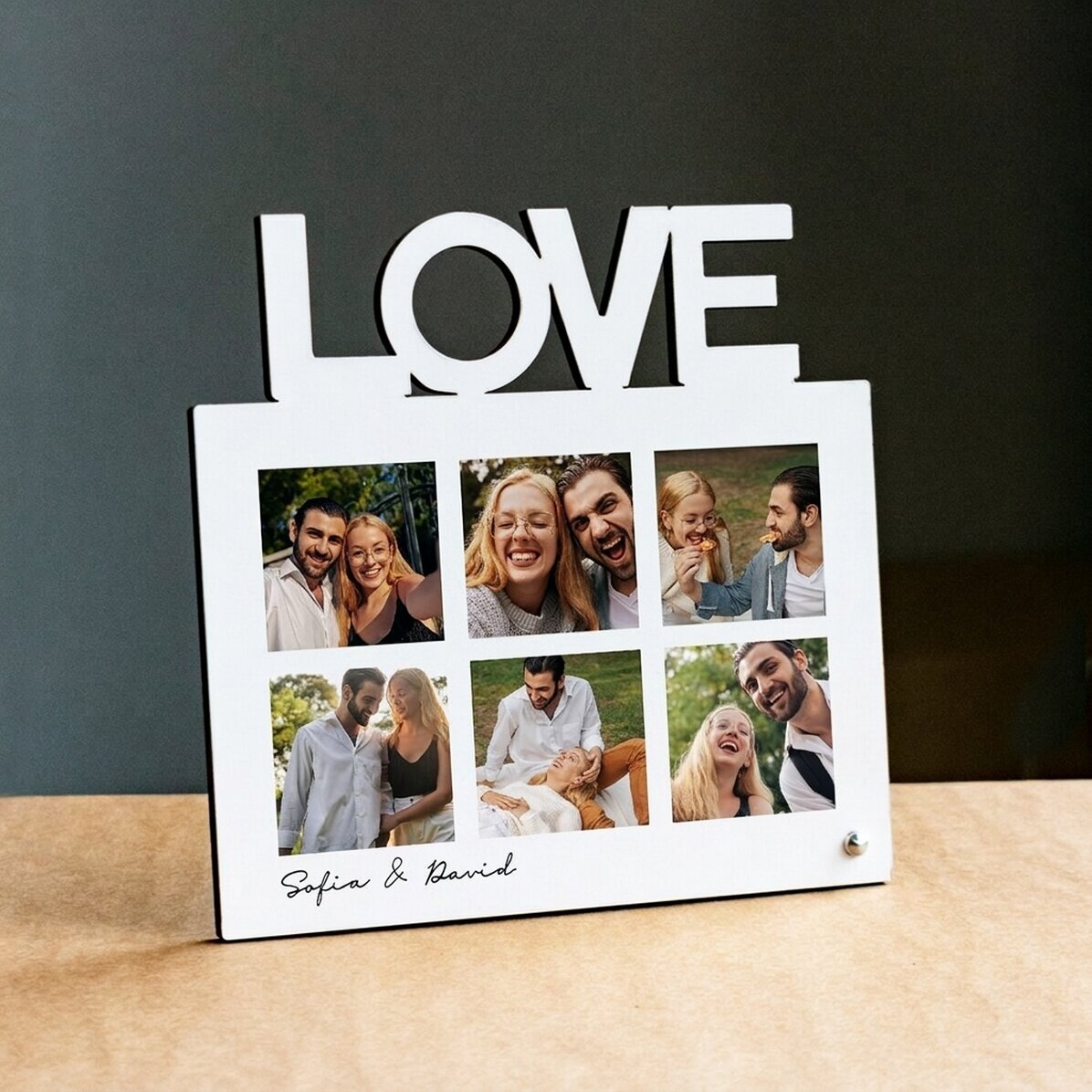 Cornice da scrivania personalizzata con 6 foto e testo - modello LOVE