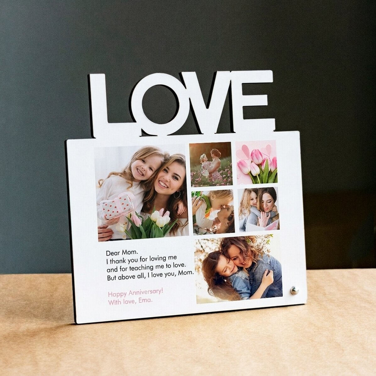Cornice da scrivania personalizzata con 6 foto e una dedica per la mamma - modello LOVE