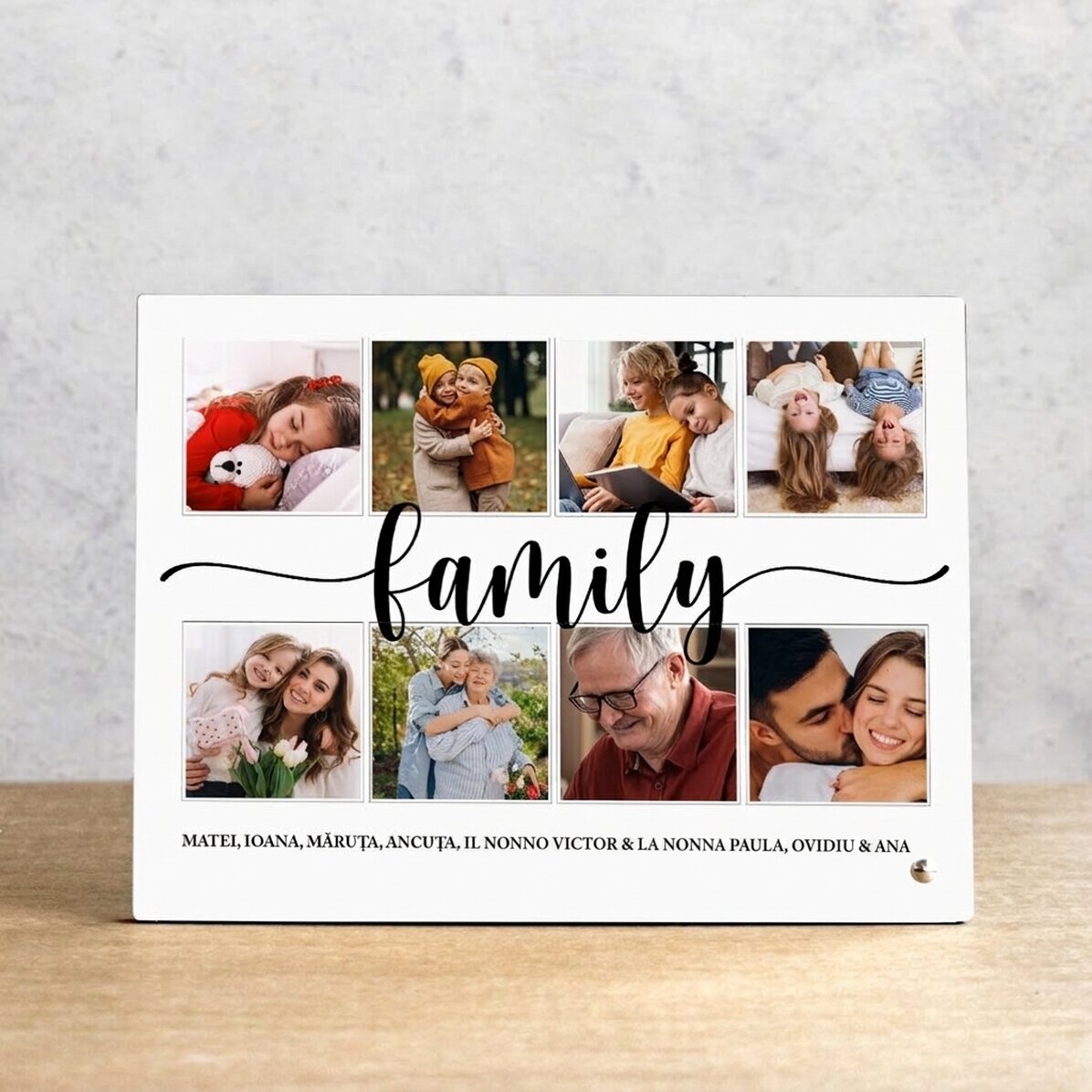 Cornice da scrivania personalizzata con 8 foto e testo - famiglia