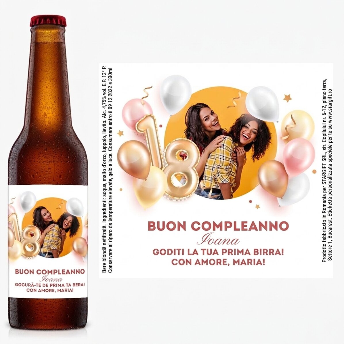 Birra personalizzata con una foto e una dedica per il compleanno di maggior età