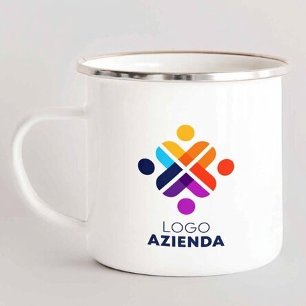 Tazza in metallo smaltato personalizzata con logo su entrambi i lati