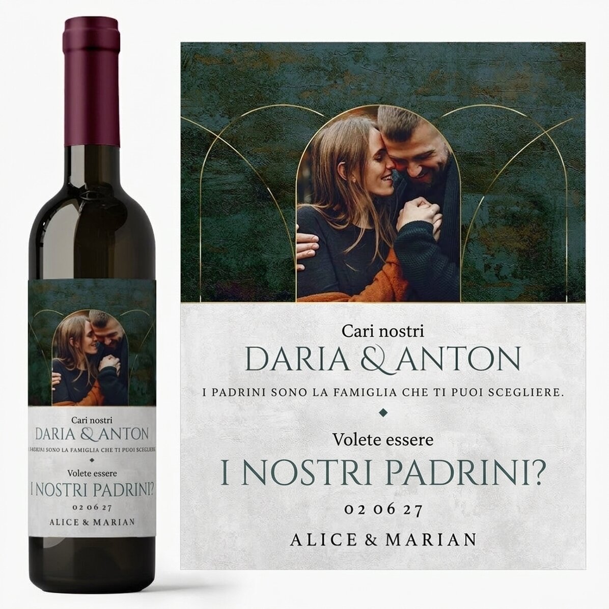 Vino personalizzato con testo e 1 foto - Volete essere i nostri padrini?