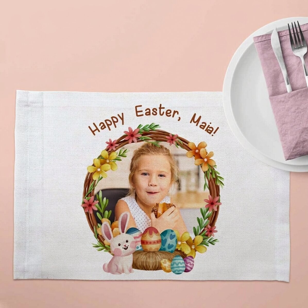 Portapiatto personalizzato con una foto e una scritta - Buona Pasqua!