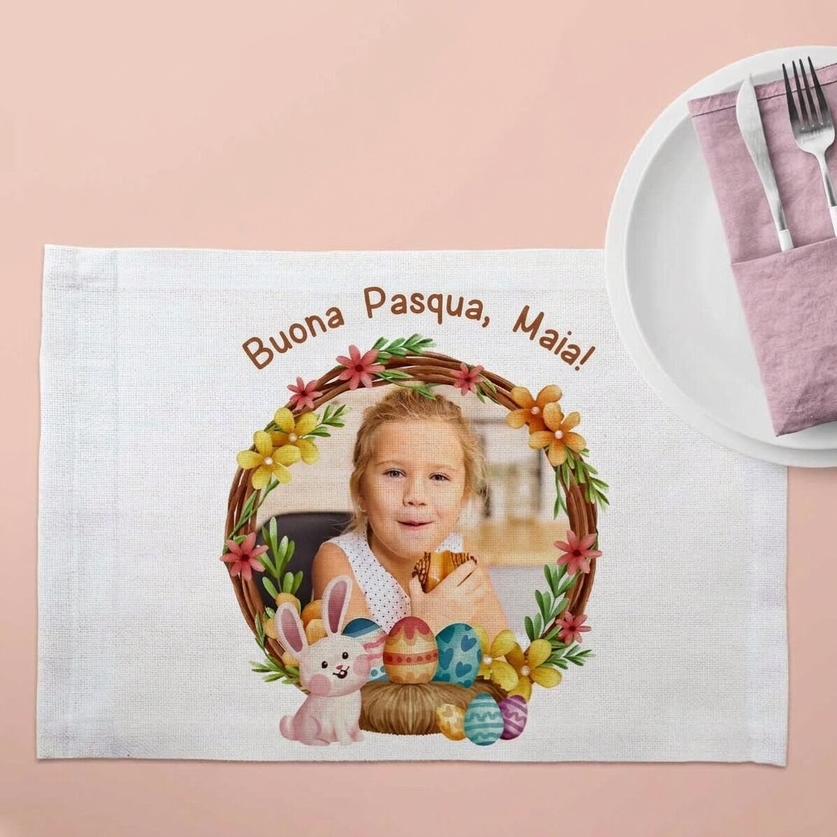 Portapiatto personalizzato con una foto e una scritta - Buona Pasqua!