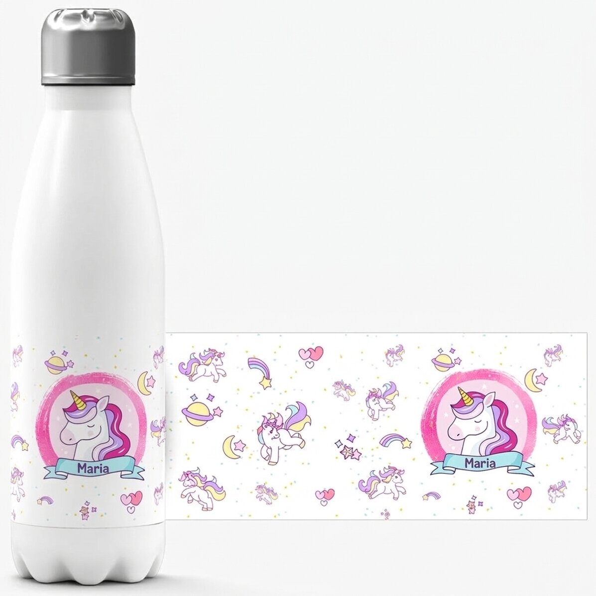 Thermos con base bianca personalizzato con nome - Unicorni