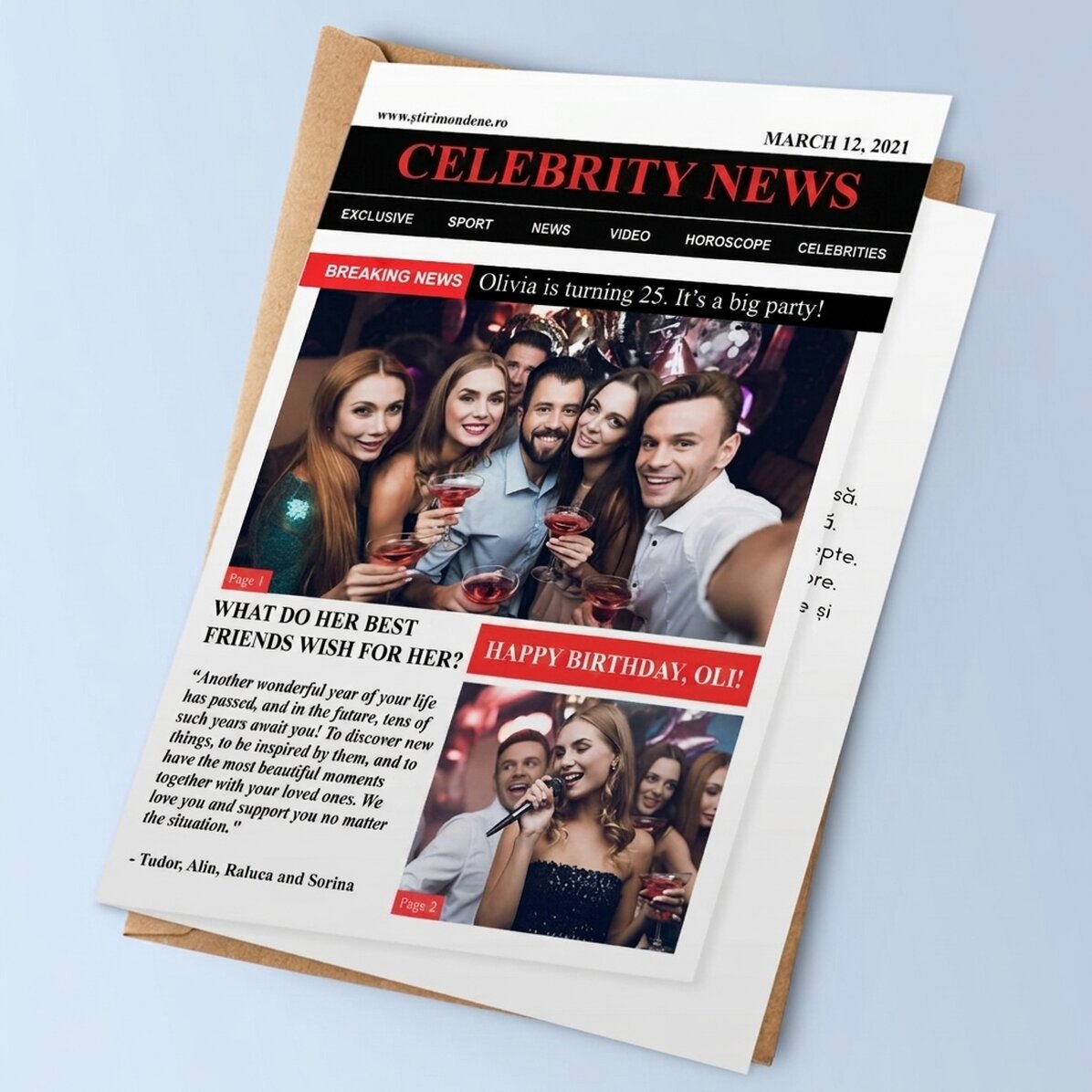 Biglietto di auguri personalizzato con foto e testo - Breaking News