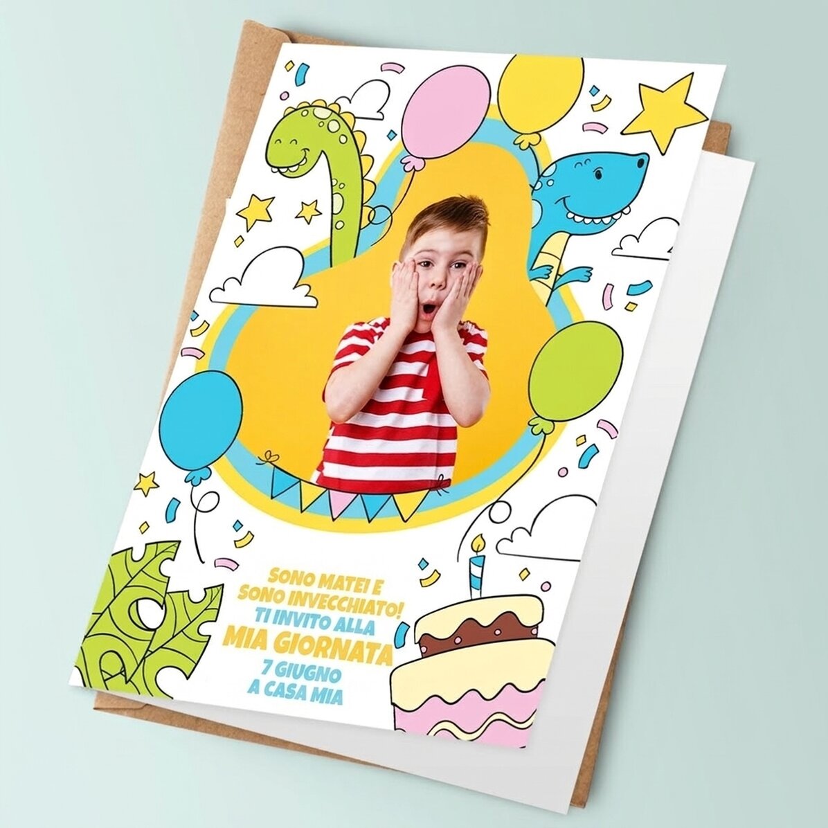 Biglietto di auguri personalizzato con foto e testo - Dinosauri