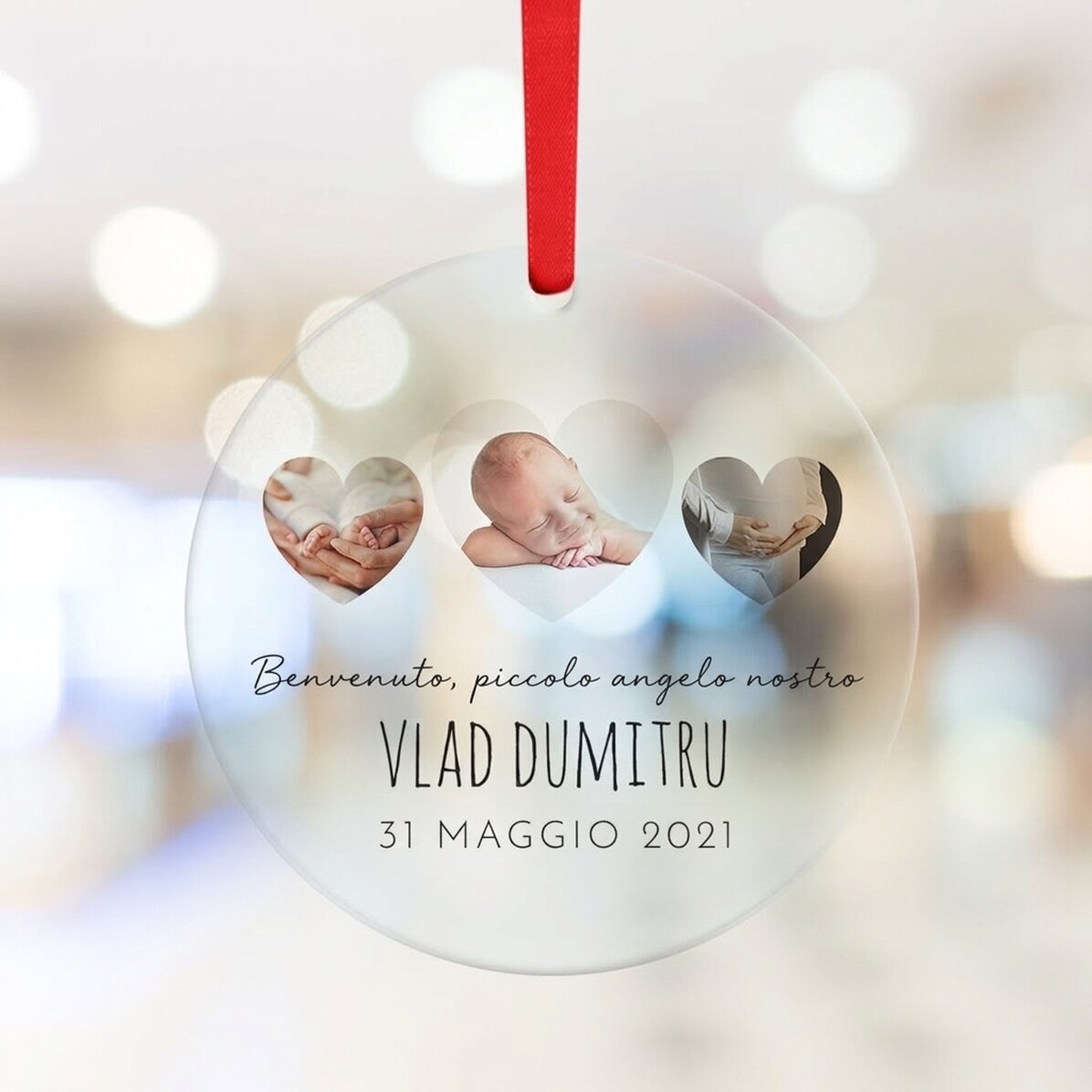 Decorazione rotonda personalizzata con testo e foto - Newborn