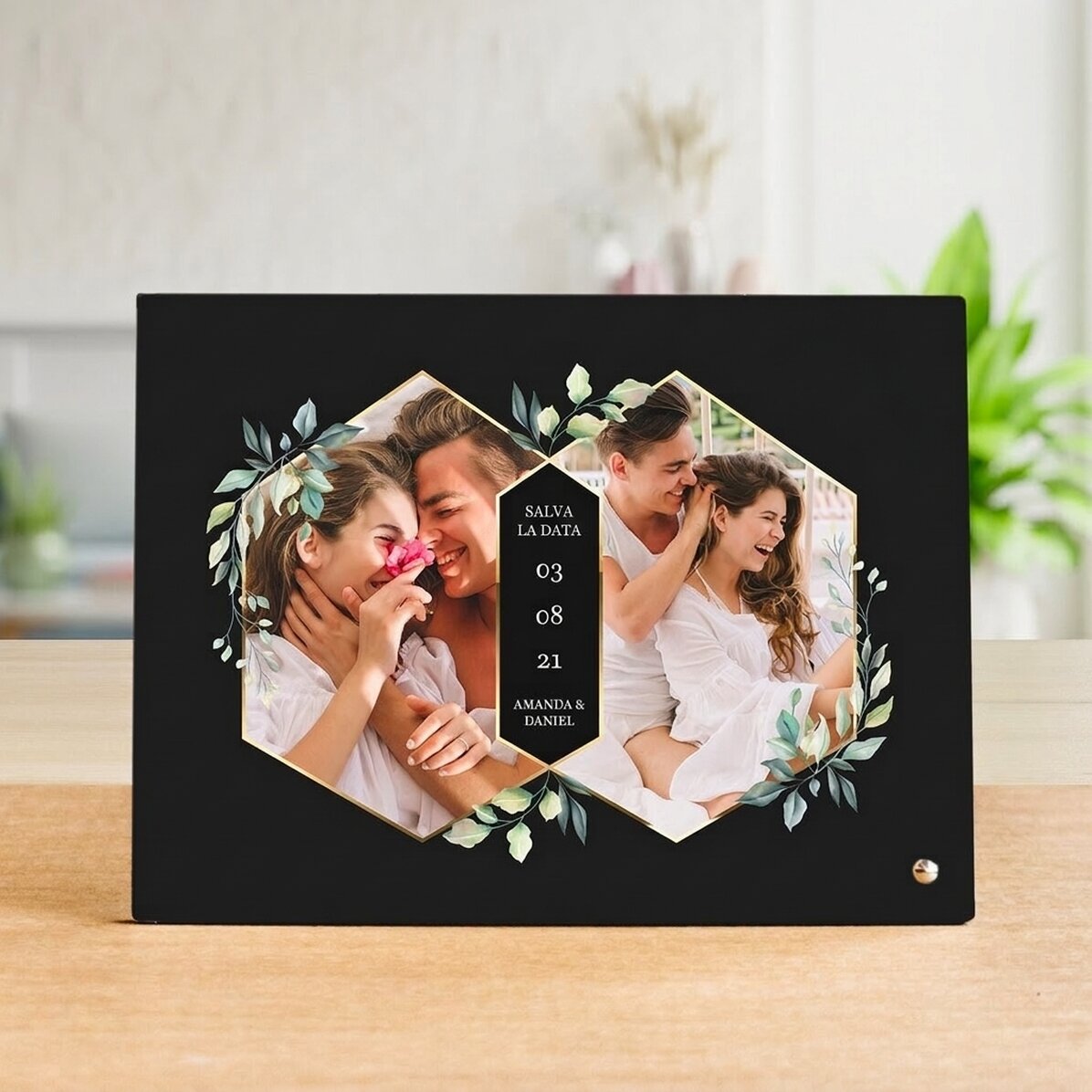 Cornice da scrivania personalizzata con 2 foto e testo - Save the Date