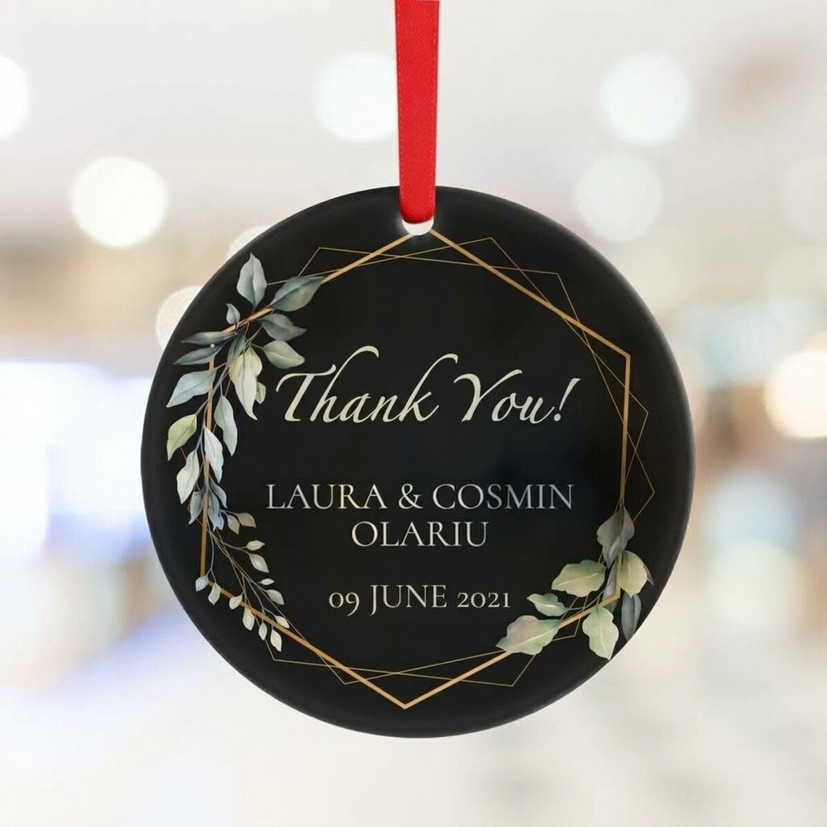 Ciondolo rotondo personalizzato con la scritta "Thank you" (nero)