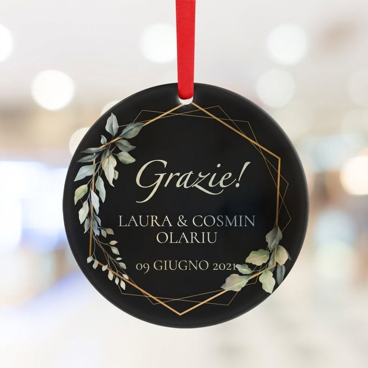 Ciondolo rotondo personalizzato con la scritta "Thank you" (nero)