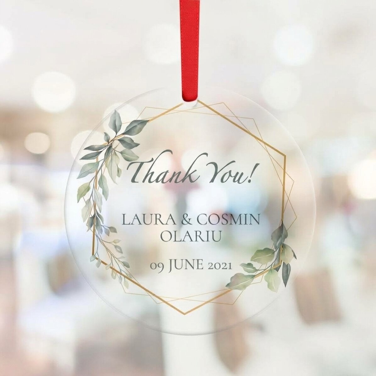 Ciondolo rotondo personalizzato con la scritta "Thank you" (bianco)
