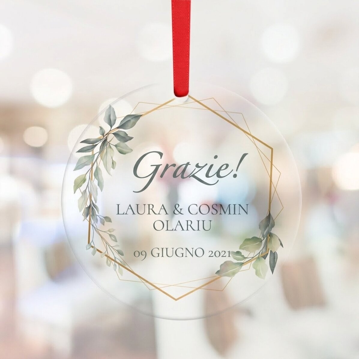 Ciondolo rotondo personalizzato con la scritta "Thank you" (bianco)