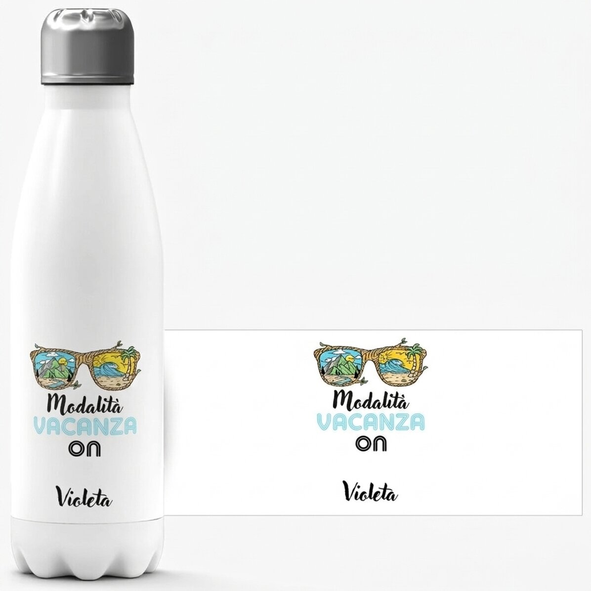 Thermos con base bianca personalizzato con nome - Vacation mood ON