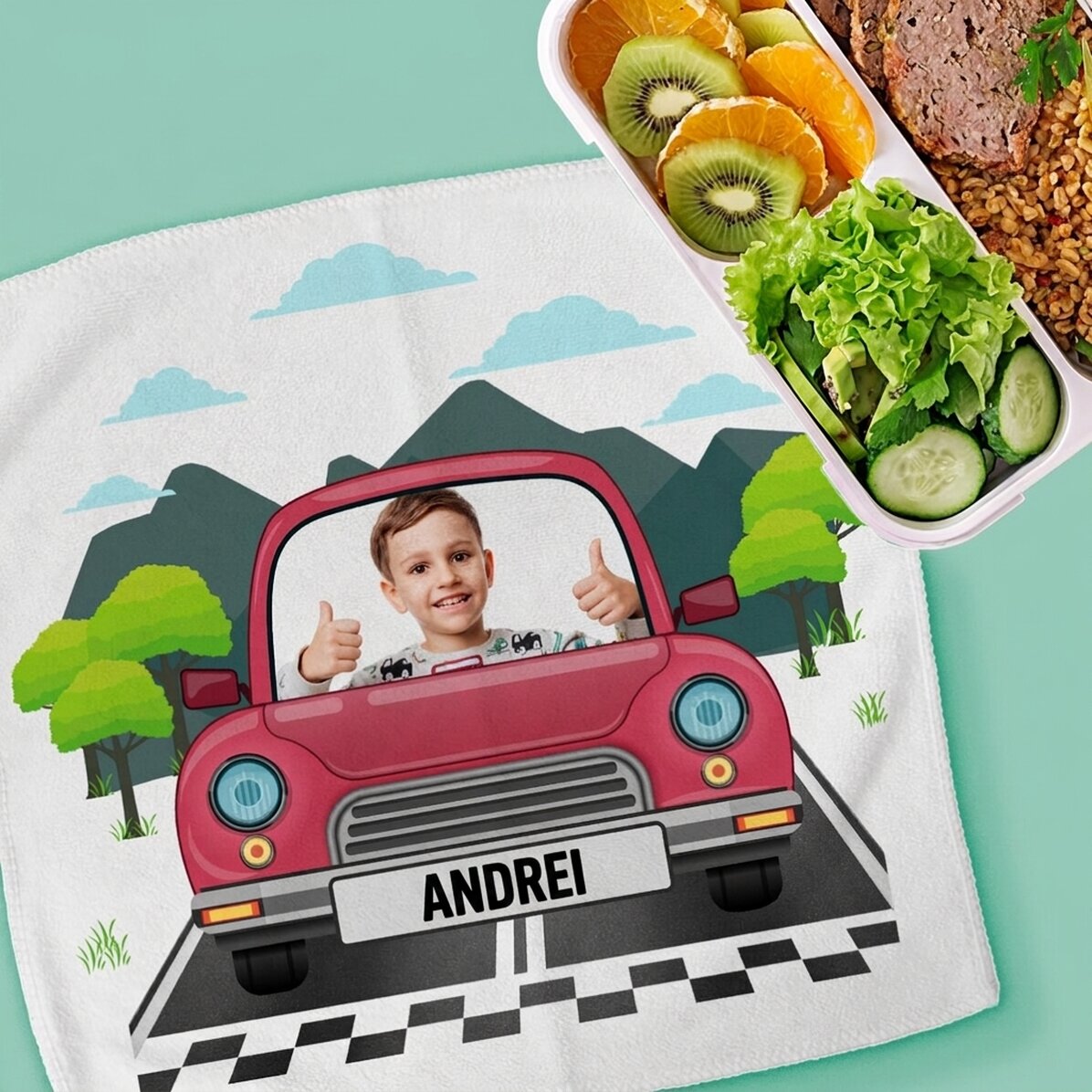 Asciugamano personalizzato con foto e testo per bambini - Auto