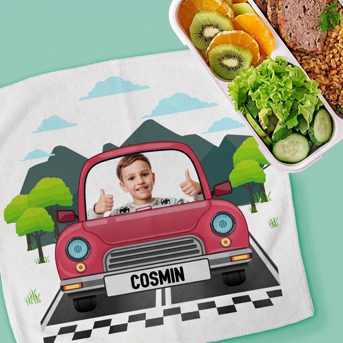 Asciugamano personalizzato con foto e testo per bambini - Auto