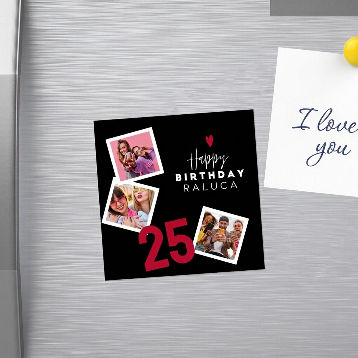 Magnete personalizzato 10x10 con 3 foto e testo - Buon compleanno!