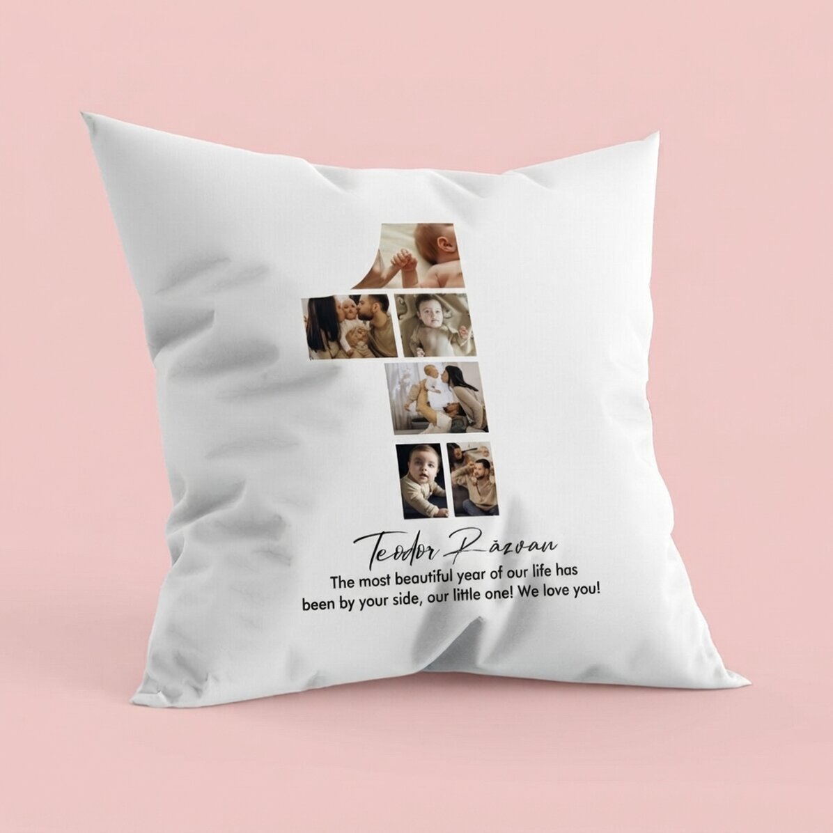 Cuscino personalizzato con foto e testo - 1° compleanno