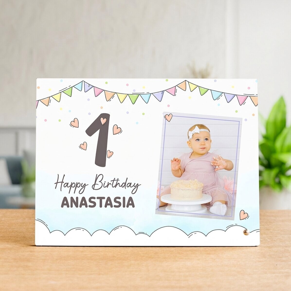 Cornice da scrivania personalizzata con una foto e una scritta per bambini