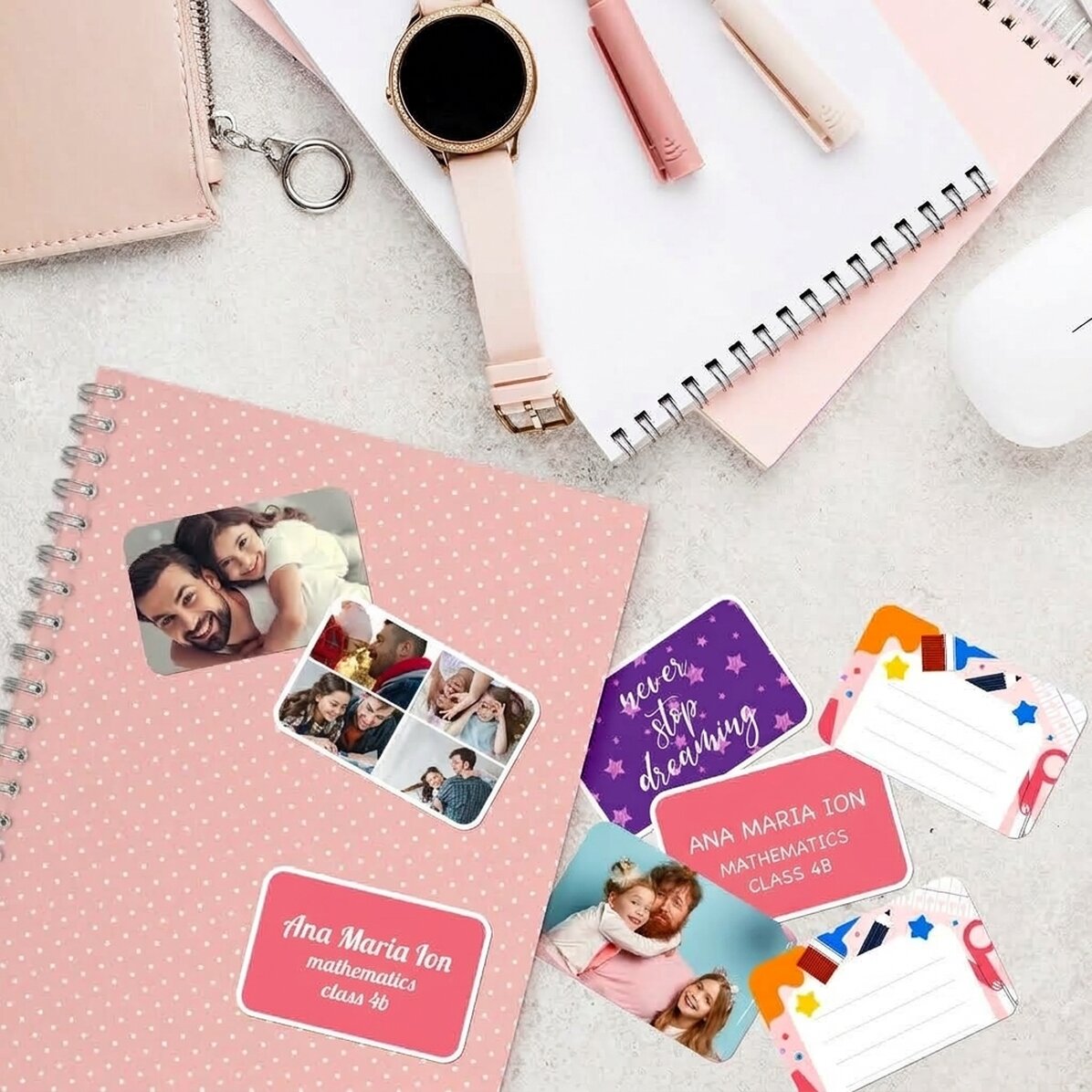 Set di 8 adesivi (etichette autoadesive) personalizzati per la scuola