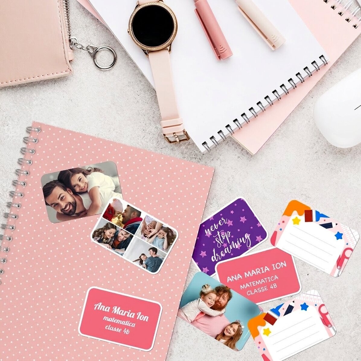 Set di 8 adesivi (etichette autoadesive) personalizzati per la scuola