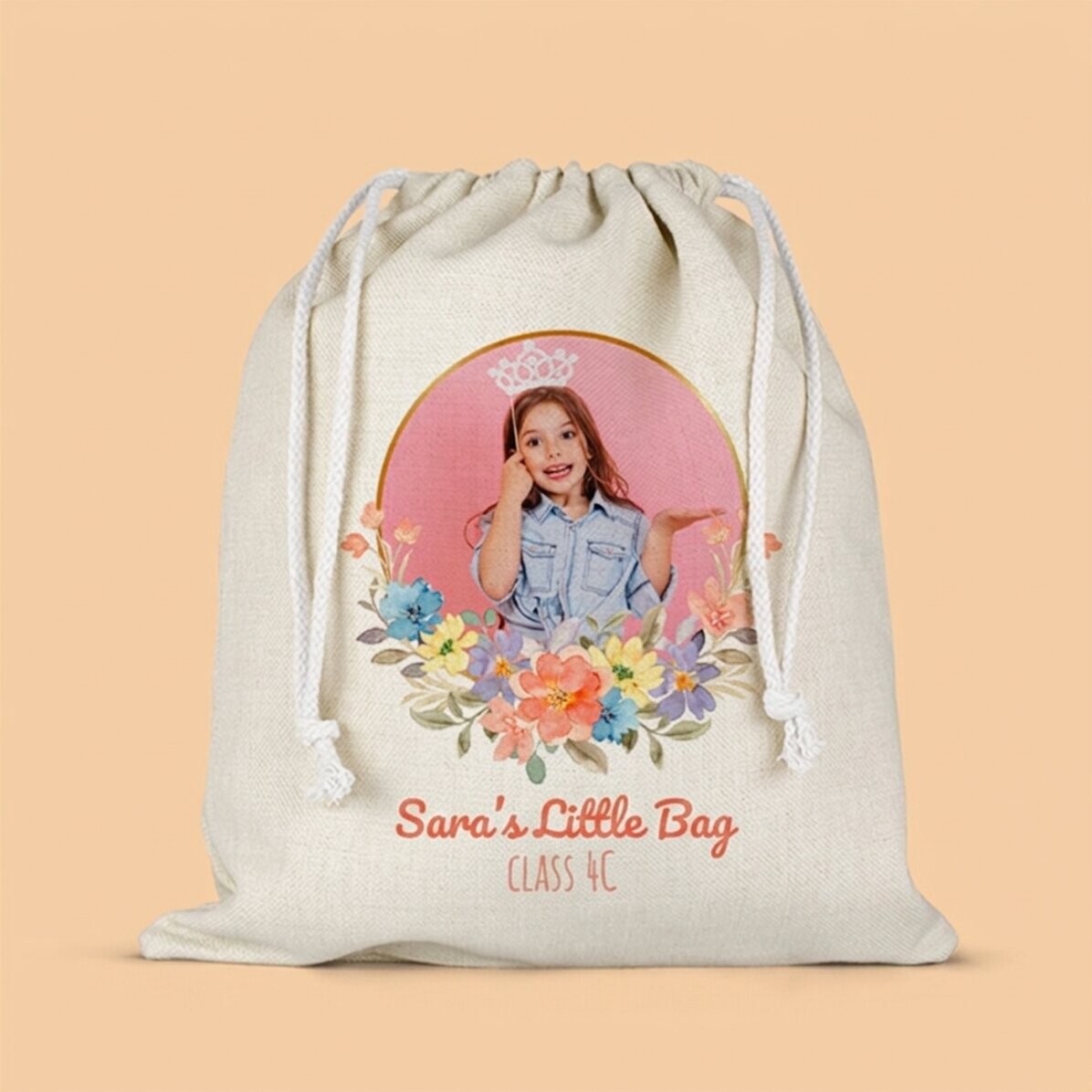Sacchetto personalizzato per la scuola materna con testo e foto - Flowers