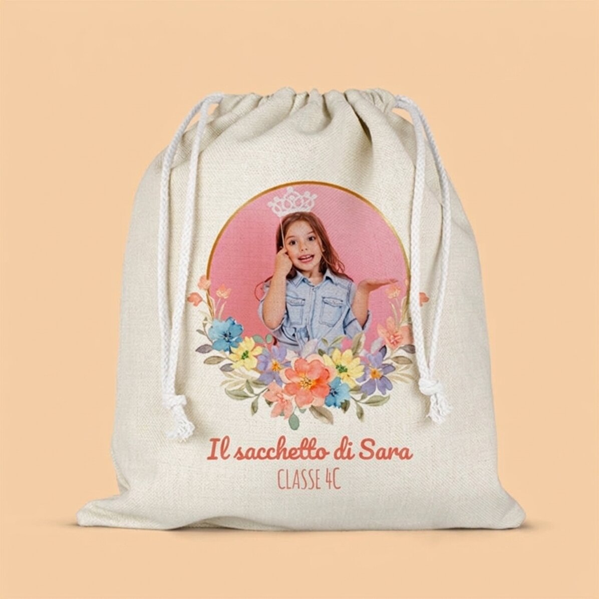 Sacchetto personalizzato per la scuola materna con testo e foto - Flowers