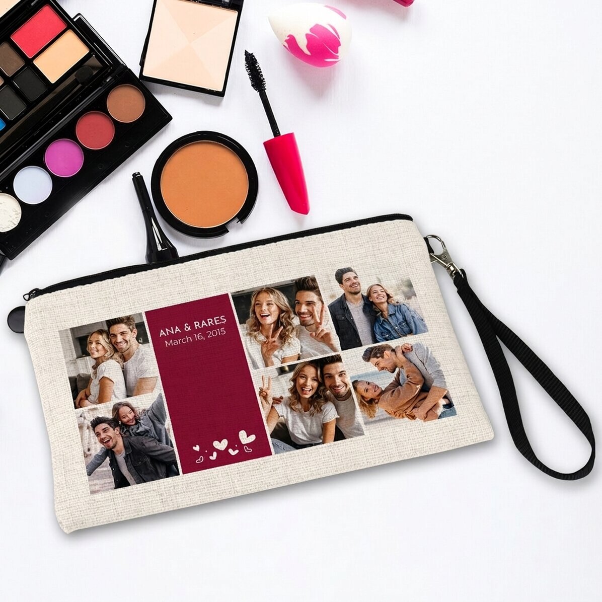 Borsetta per cosmetici personalizzata con testo e 6 foto
