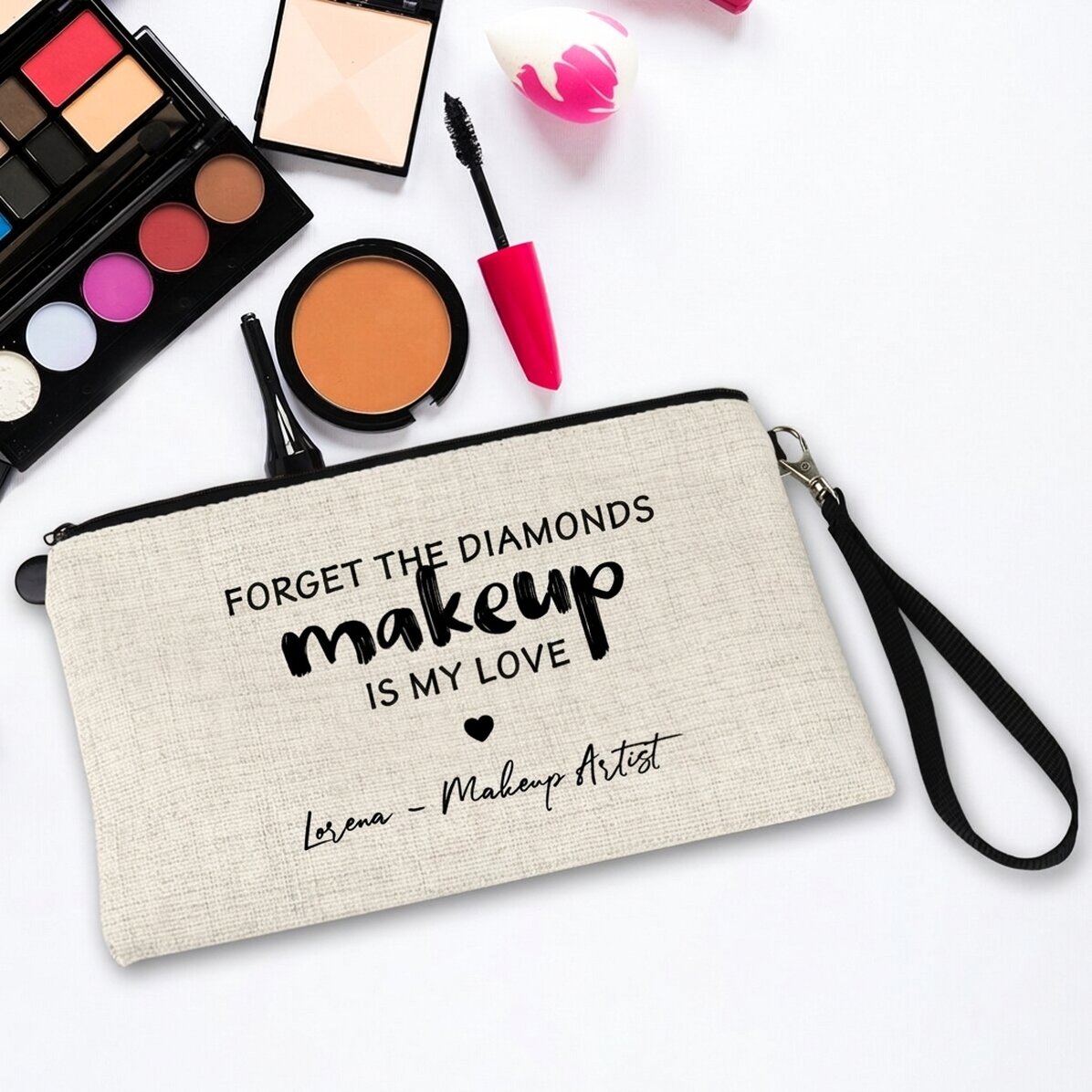 Borsetta per cosmetici personalizzata con la scritta "I love makeup"