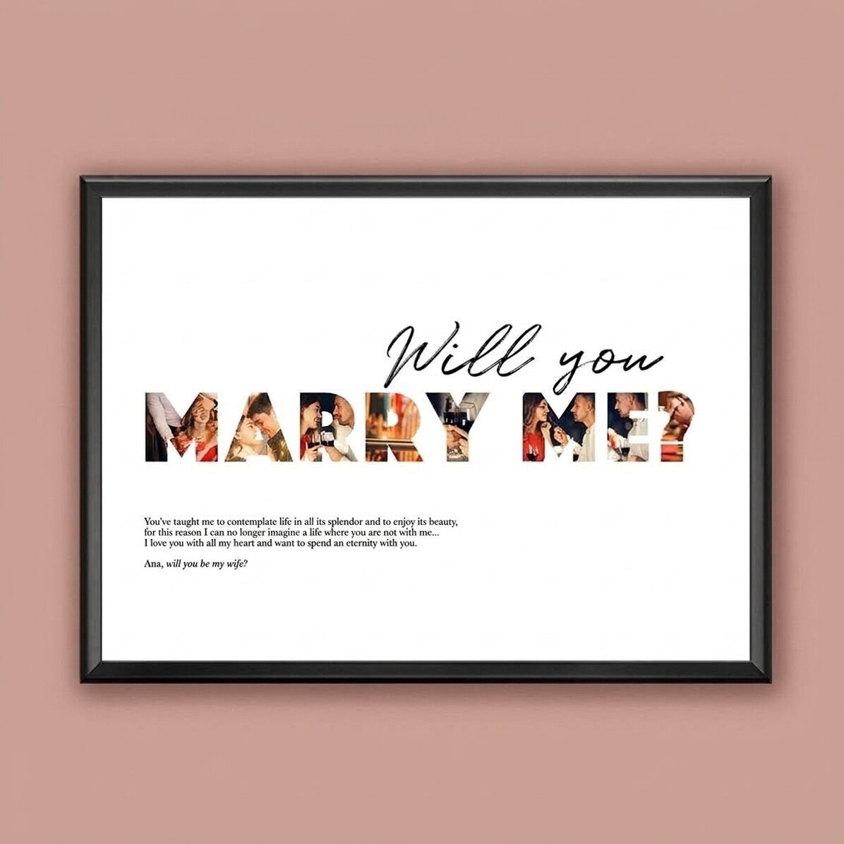 Quadro personalizzato in formato orizzontale con 8 foto e testo - “Will you marry me?”