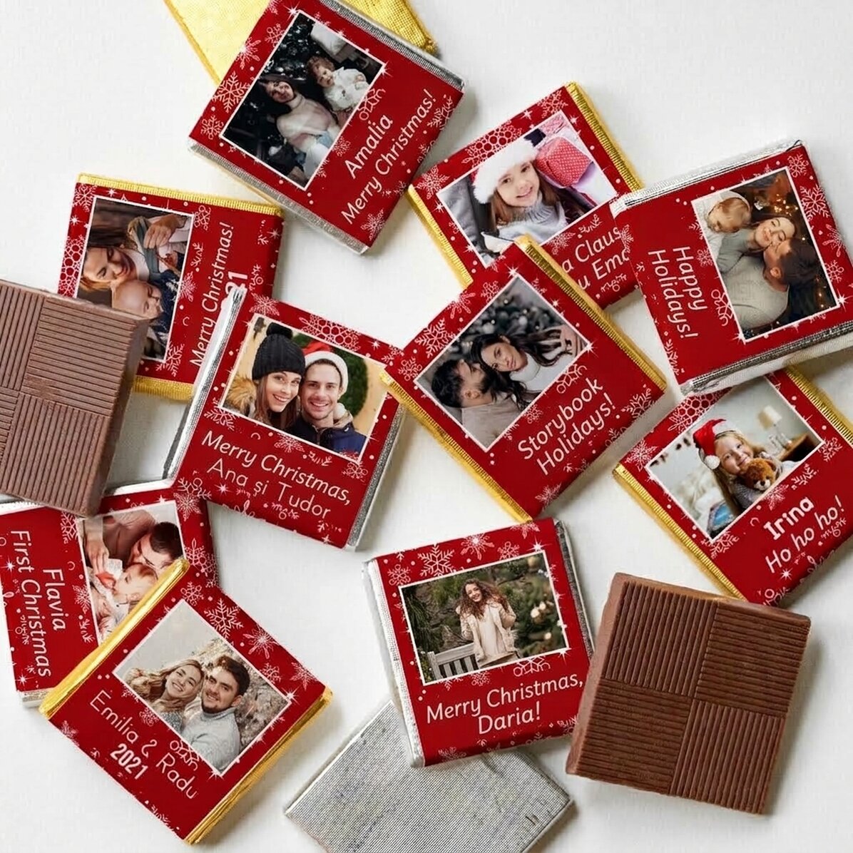 Set di 10 mini cioccolatini personalizzati con foto e testo - Fiocchi di neve