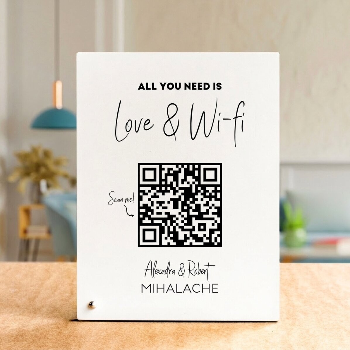 Cornice da scrivania personalizzata con testo e codice QR - Scan for Wi-Fi (sfondo bianco)