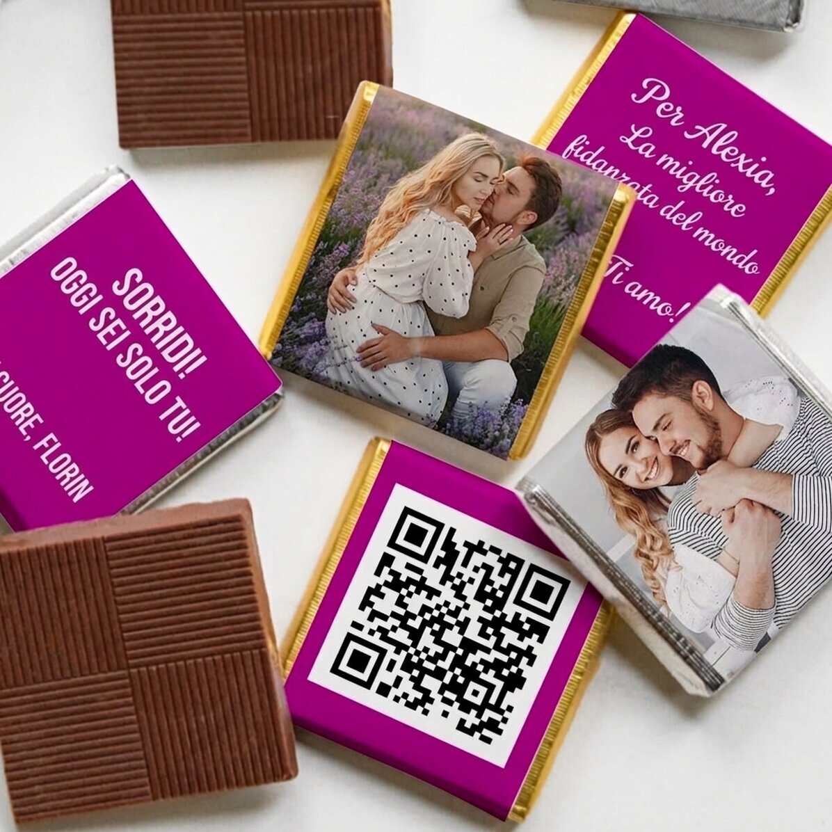 Set di 5 mini cioccolatini personalizzati con foto, codice QR e testo - Per una persona cara