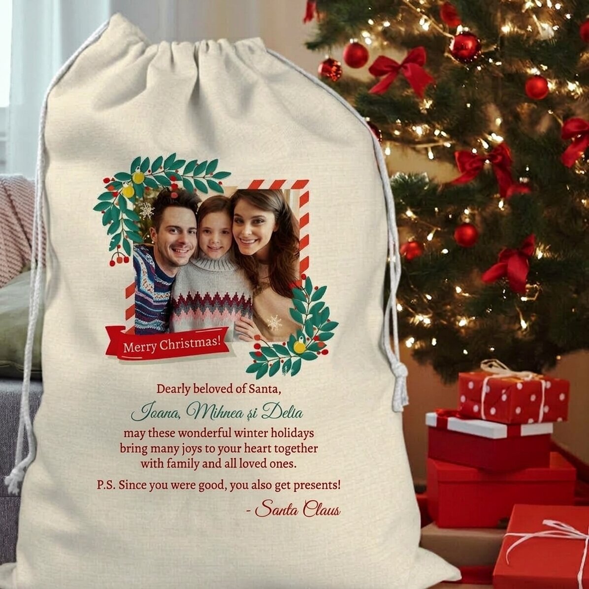 Borsa regalo personalizzata con una foto e un messaggio di Babbo Natale