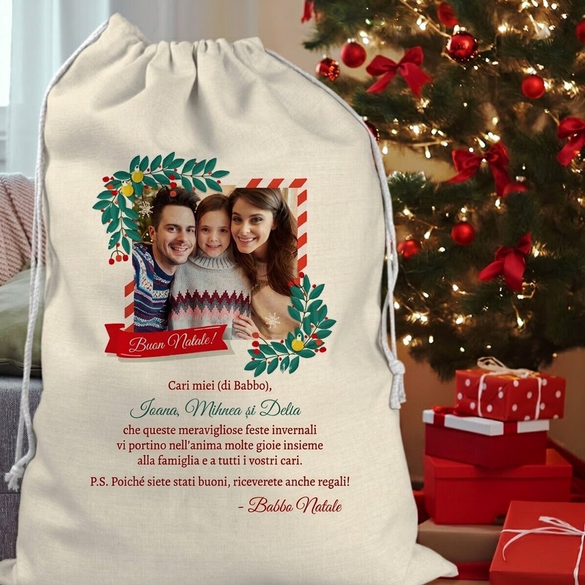 Borsa regalo personalizzata con una foto e un messaggio di Babbo Natale