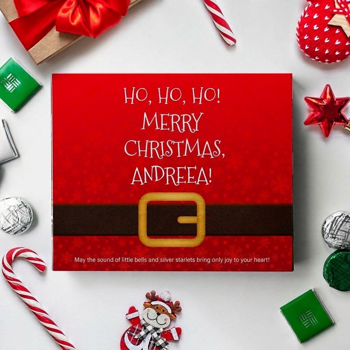 Scatola di caramelle personalizzata con la scritta: «Ho, ho, ho!»