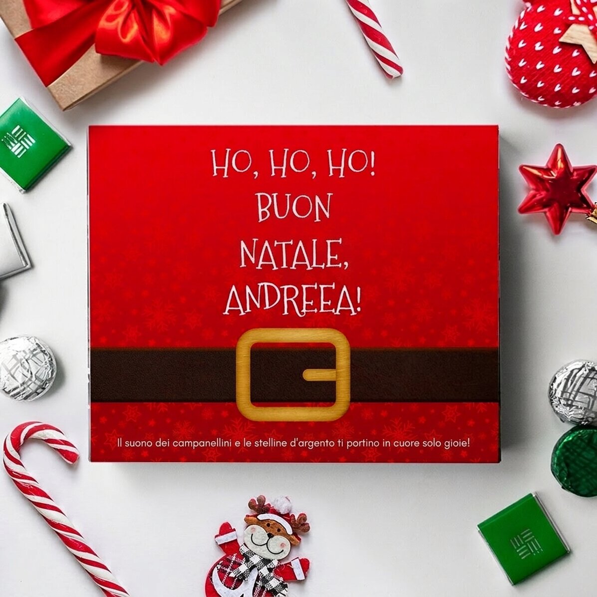 Scatola di caramelle personalizzata con la scritta: «Ho, ho, ho!»