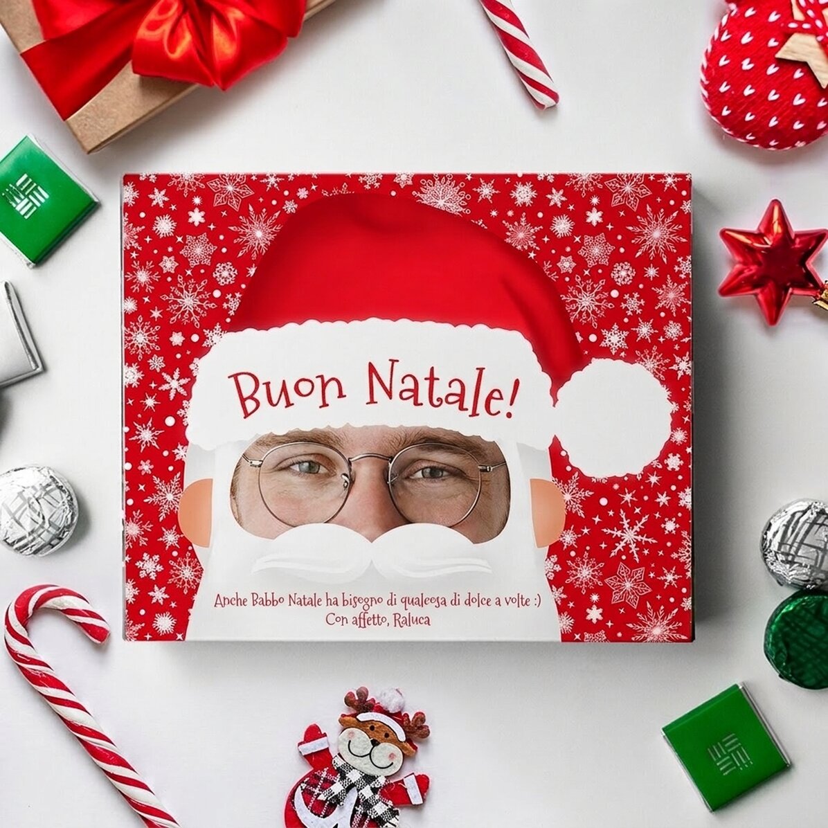Scatola di caramelle personalizzata con una foto e una scritta - Babbo Natale