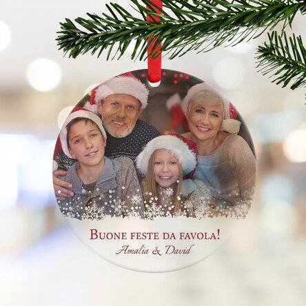 Decorazione rotonda personalizzata con una foto e un messaggio natalizio