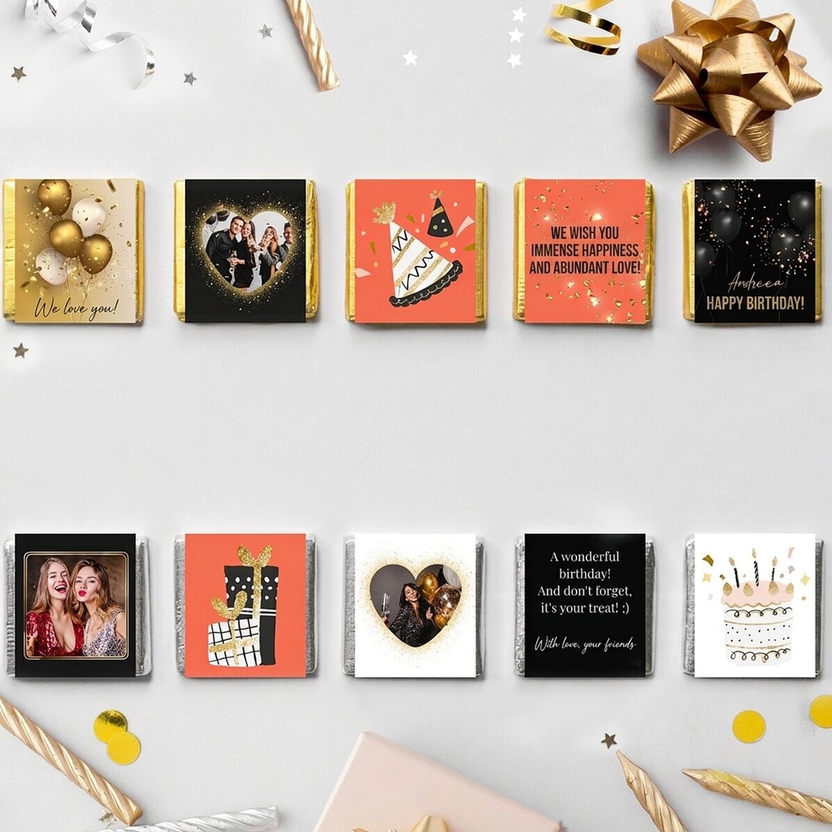 Set di 10 mini cioccolatini personalizzati per un compleanno