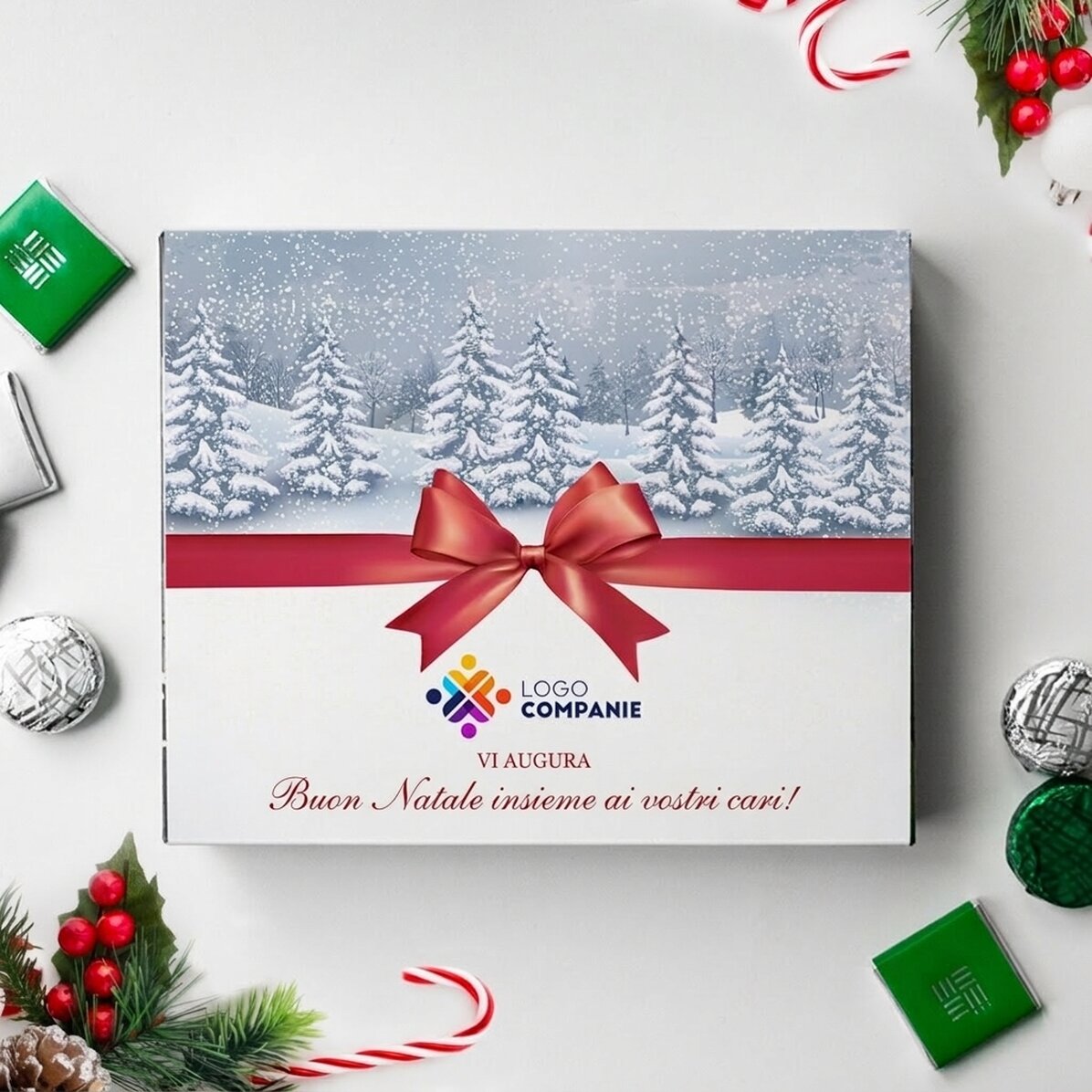 Scatola di cioccolatini personalizzata con logo e testo - Buon Natale!