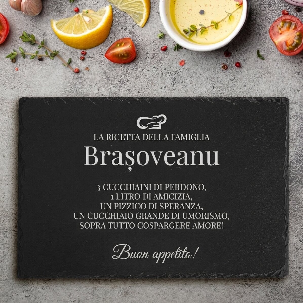 Tavola di ardesia incisa con testo personalizzato - Ricetta di famiglia