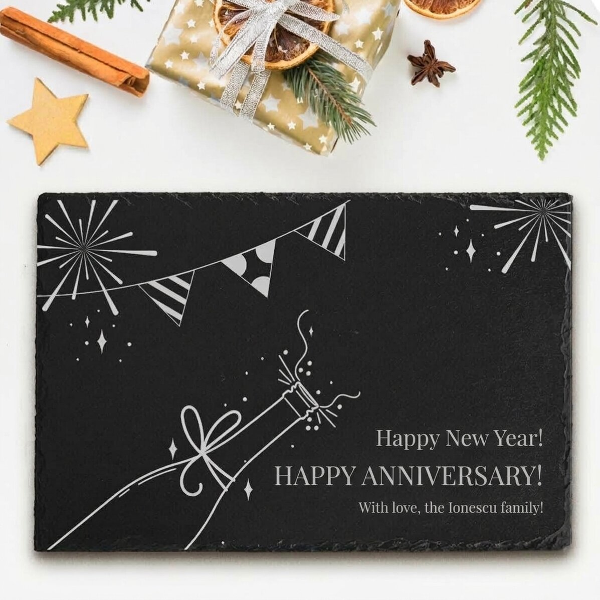 Tavola di ardesia incisa con testo personalizzato - Buon compleanno!